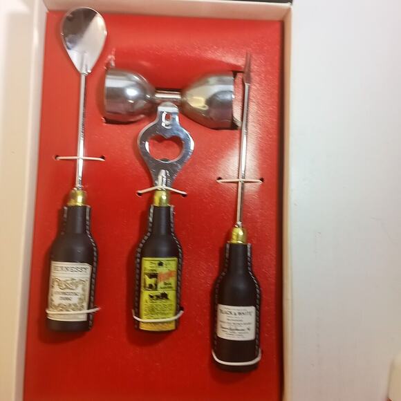 Vintage DeLuxe MCM 4 Piece Bar Utensil Set Bottle Opener Shaker Spoon Pick - Picture 5 of 13